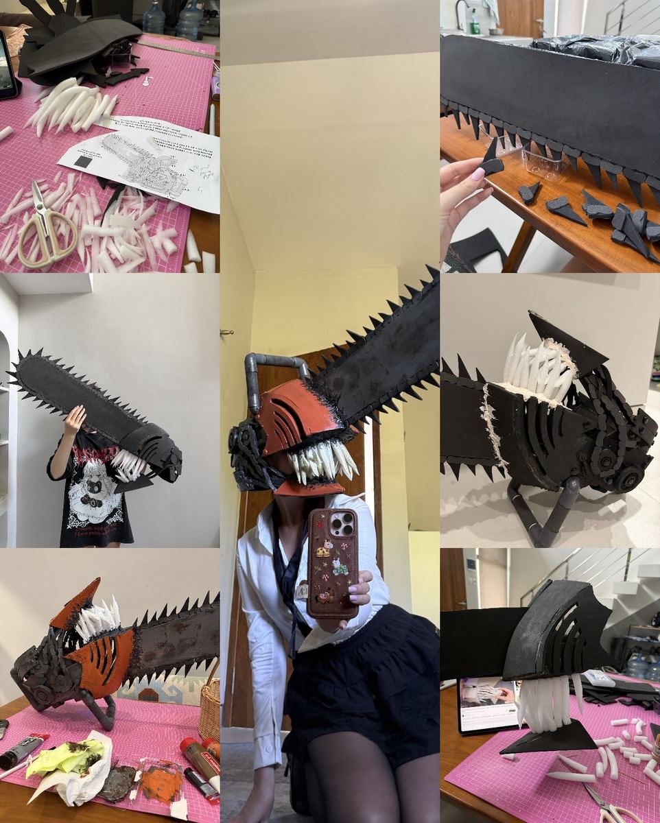 Build sequence for an oversized chainsaw head: pattern, cut foam teeth, assembly, paint and finished piece